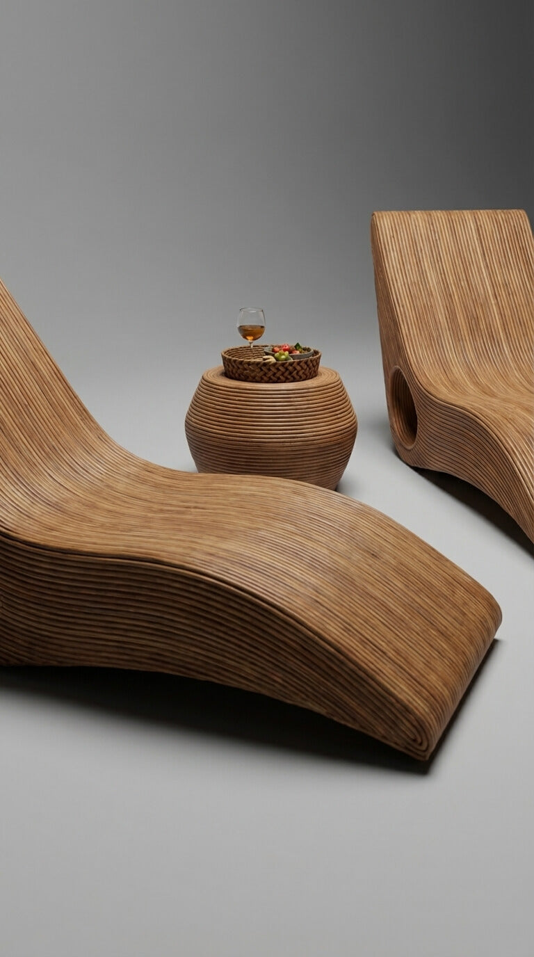 Wooden lounge chairs and side table on a gray background
