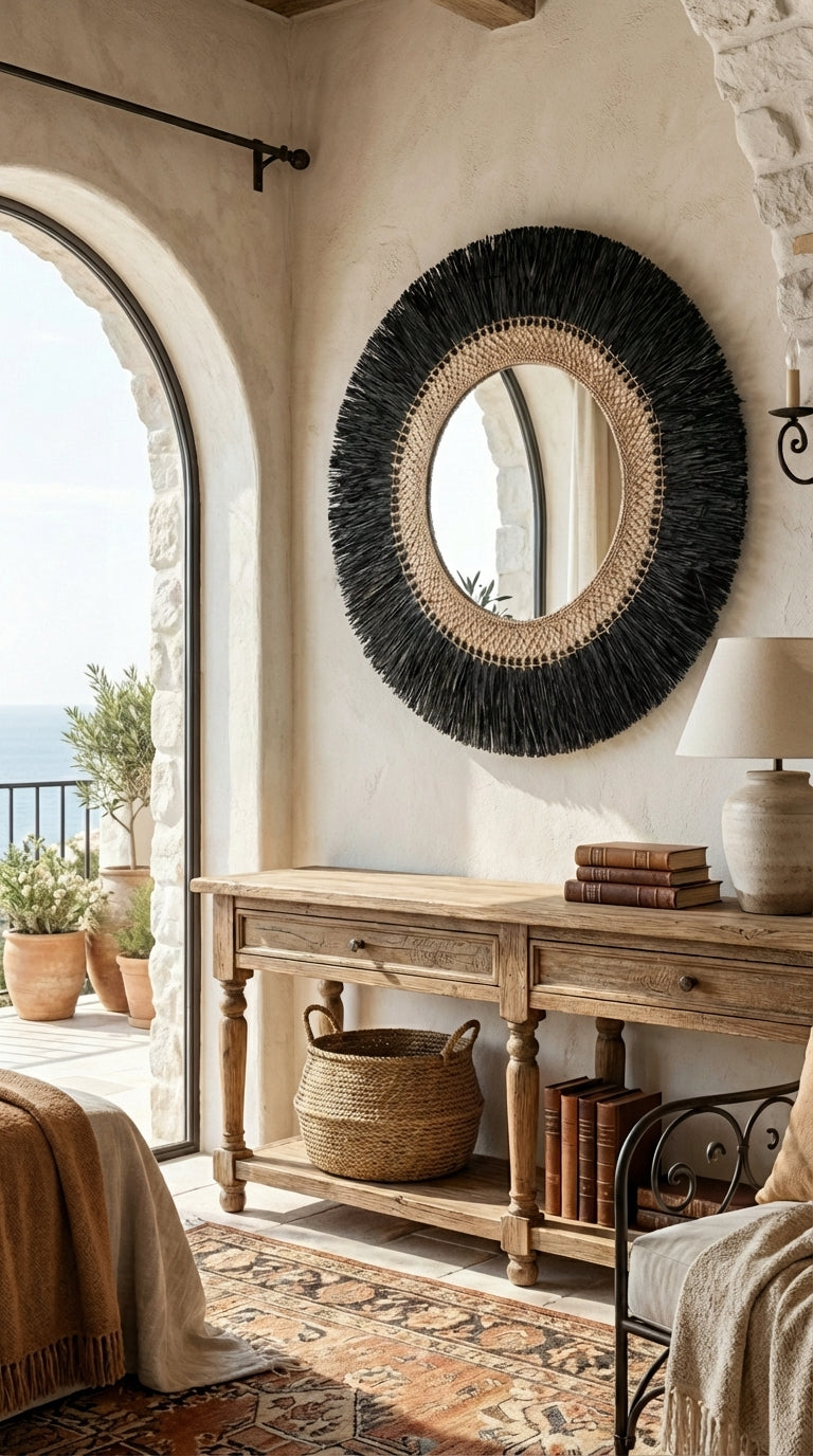 Rustic interior with a round woven mirror and wooden console table.