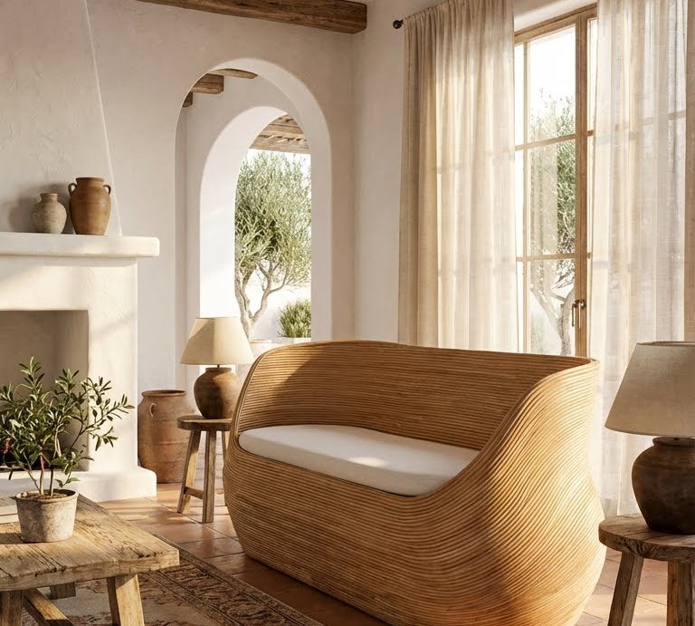 Woven rattan lounge sofa with curved base
