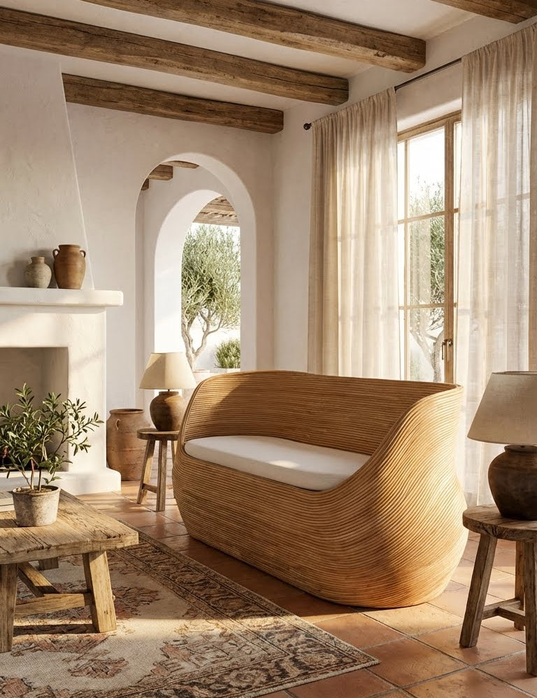 Woven rattan lounge sofa with curved base
