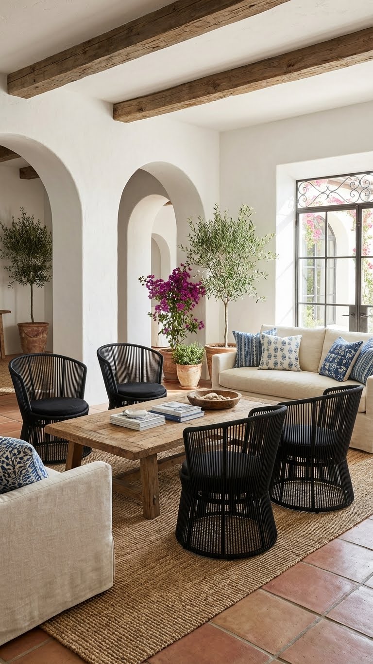 Living room with white walls, wooden beams, and a rustic wooden table with black chairs.