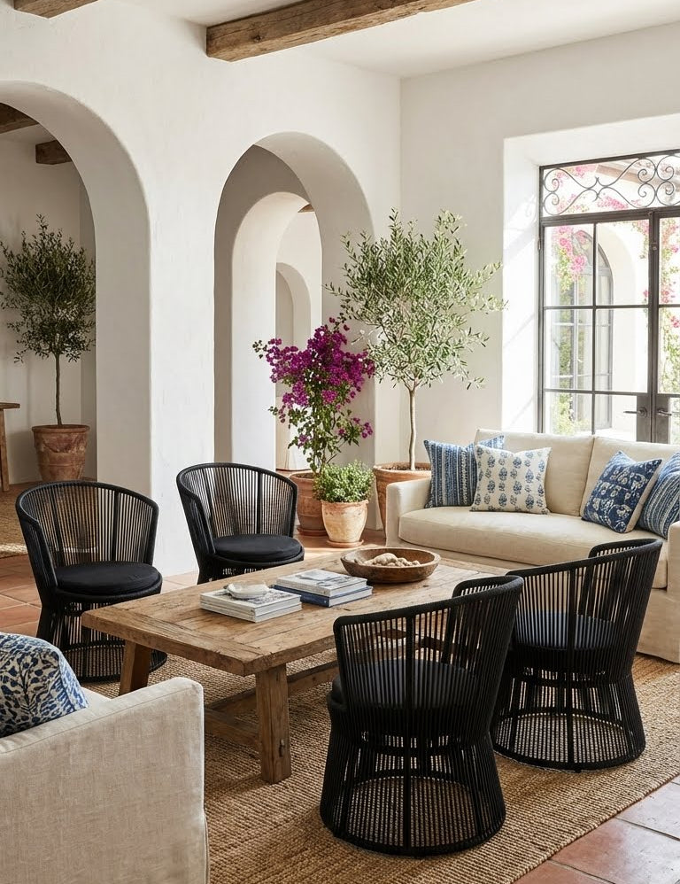 Living room with white walls, wooden beams, and a rustic wooden table with black chairs.