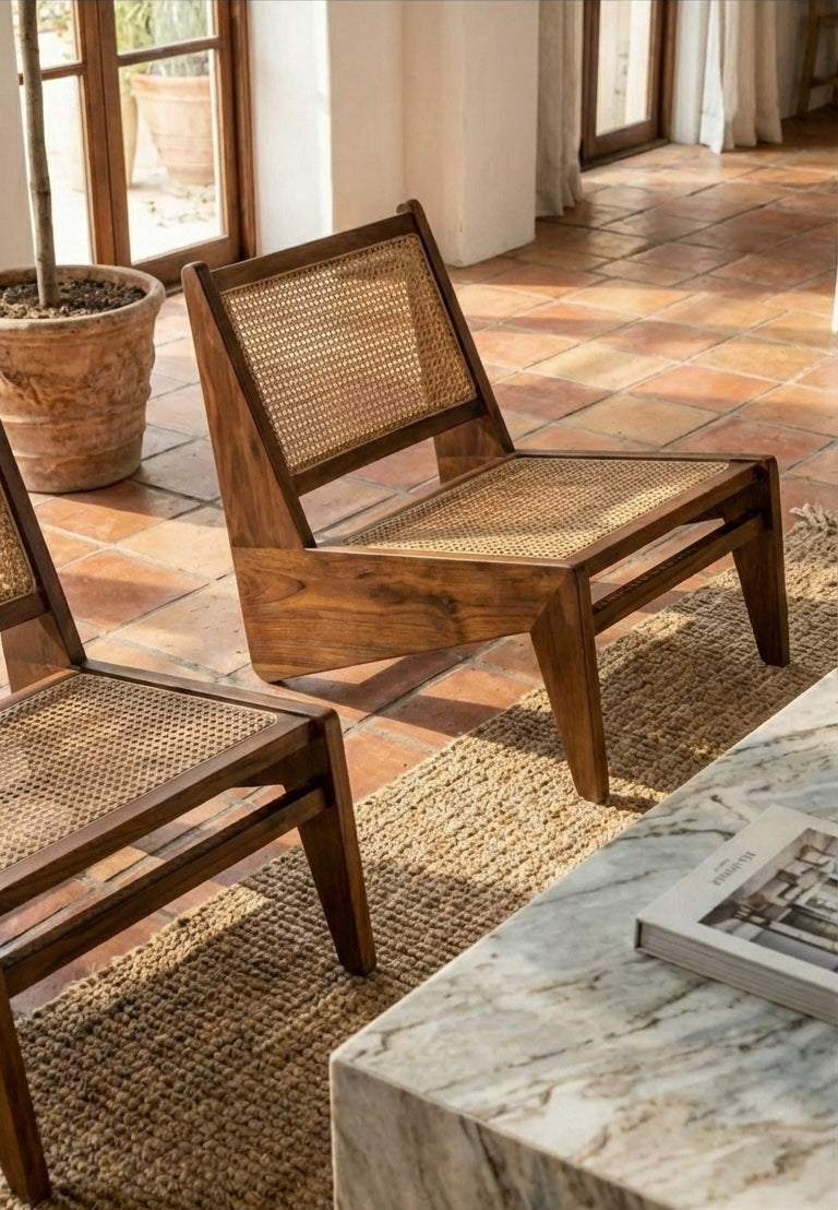 Wooden chairs with woven backrests on a patio with a marble table and plant in the background.