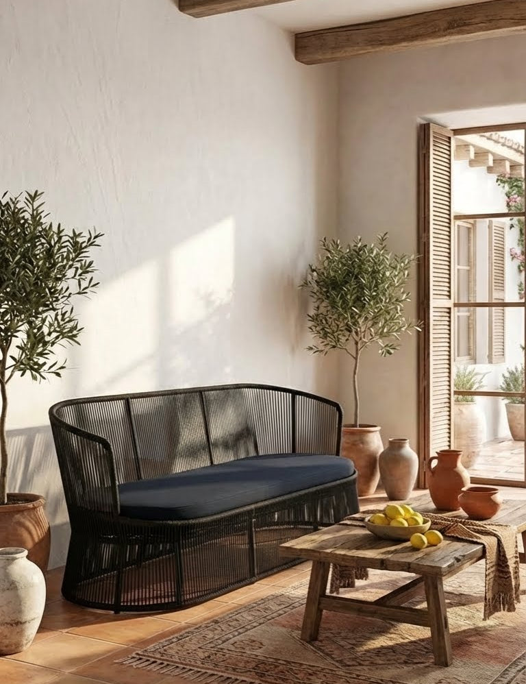 Modern outdoor sofa with cushions in a sunlit room with wooden beams and plants.