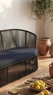 Wicker chair with dark cushion on a wooden floor, potted plant, and lemons in the background.