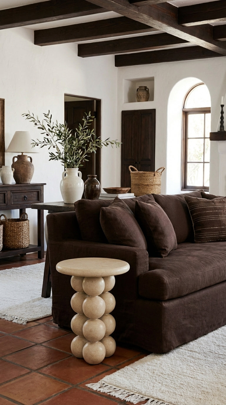 Living room with brown sofa, wooden coffee table, and decorative items.