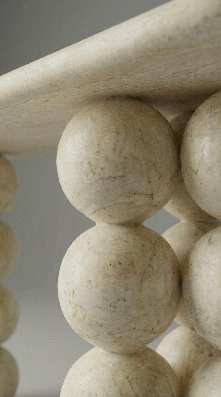 Close-up of a decorative stone baluster against a neutral background