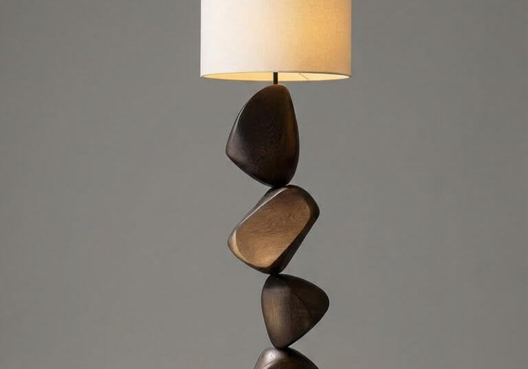 Floor lamp with a unique design featuring stacked stone-like bases on a gray background