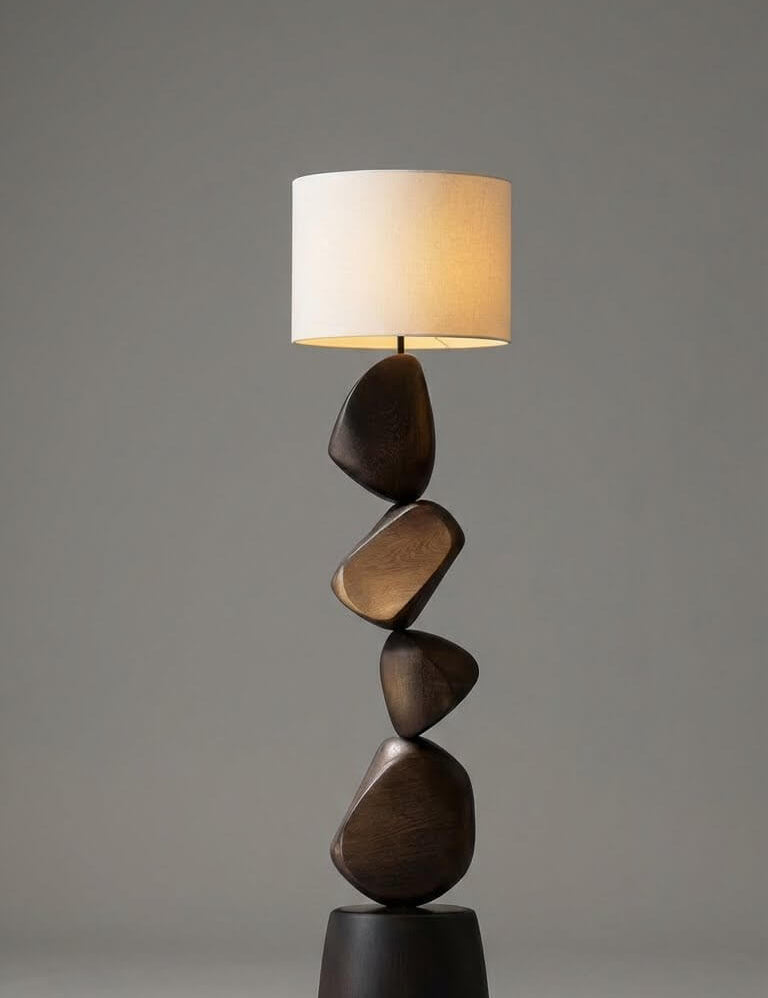 Floor lamp with a unique design featuring stacked stone-like bases on a gray background