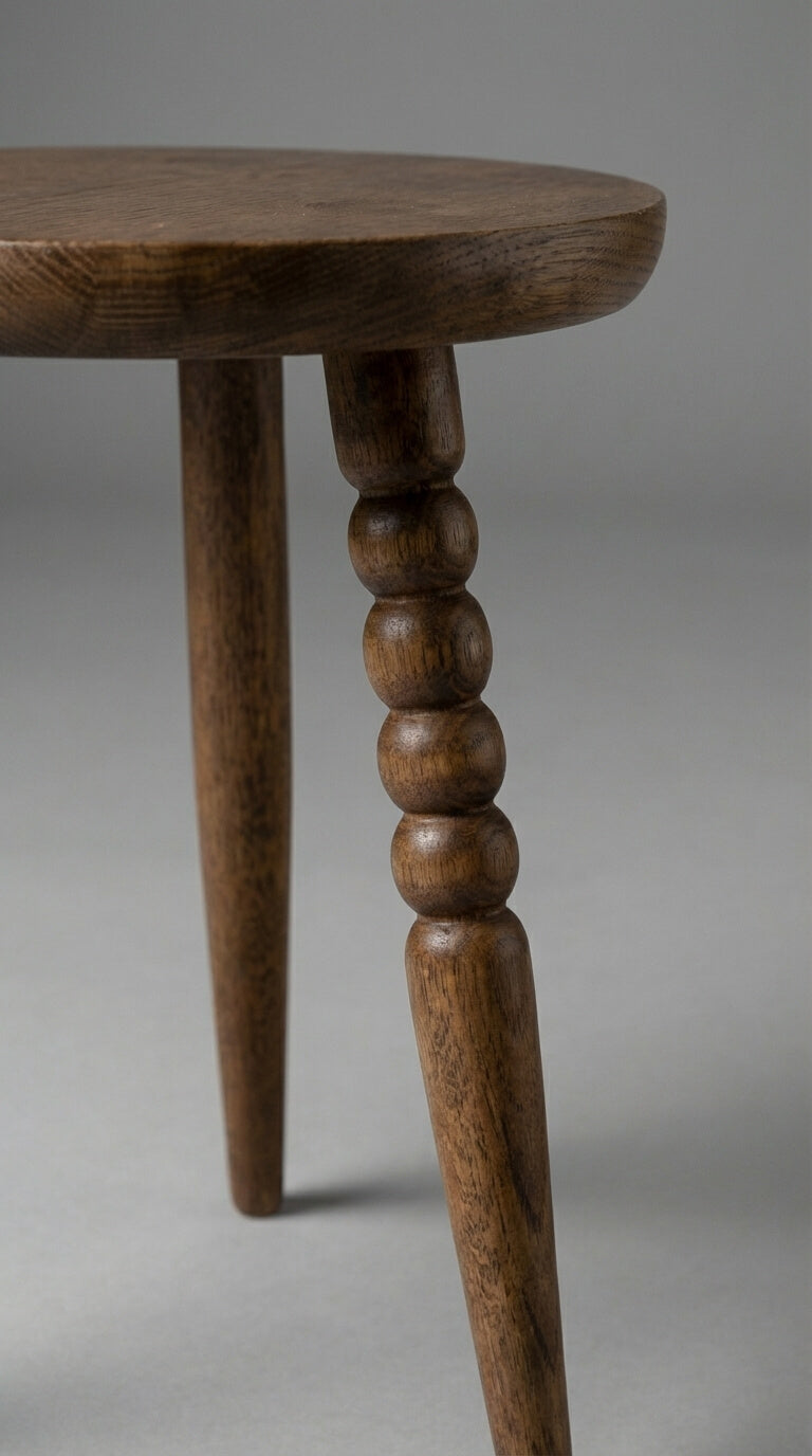 Wooden table with a round top and spiral leg design on a gray background