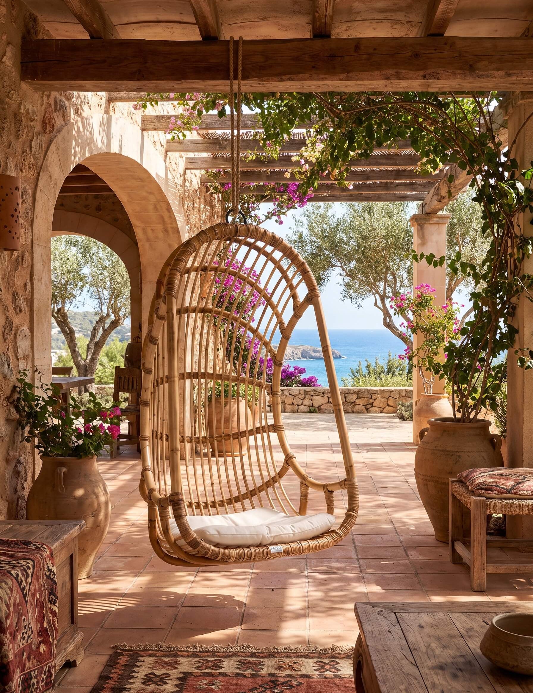 Handwoven rattan hanging chair with natural woven texture