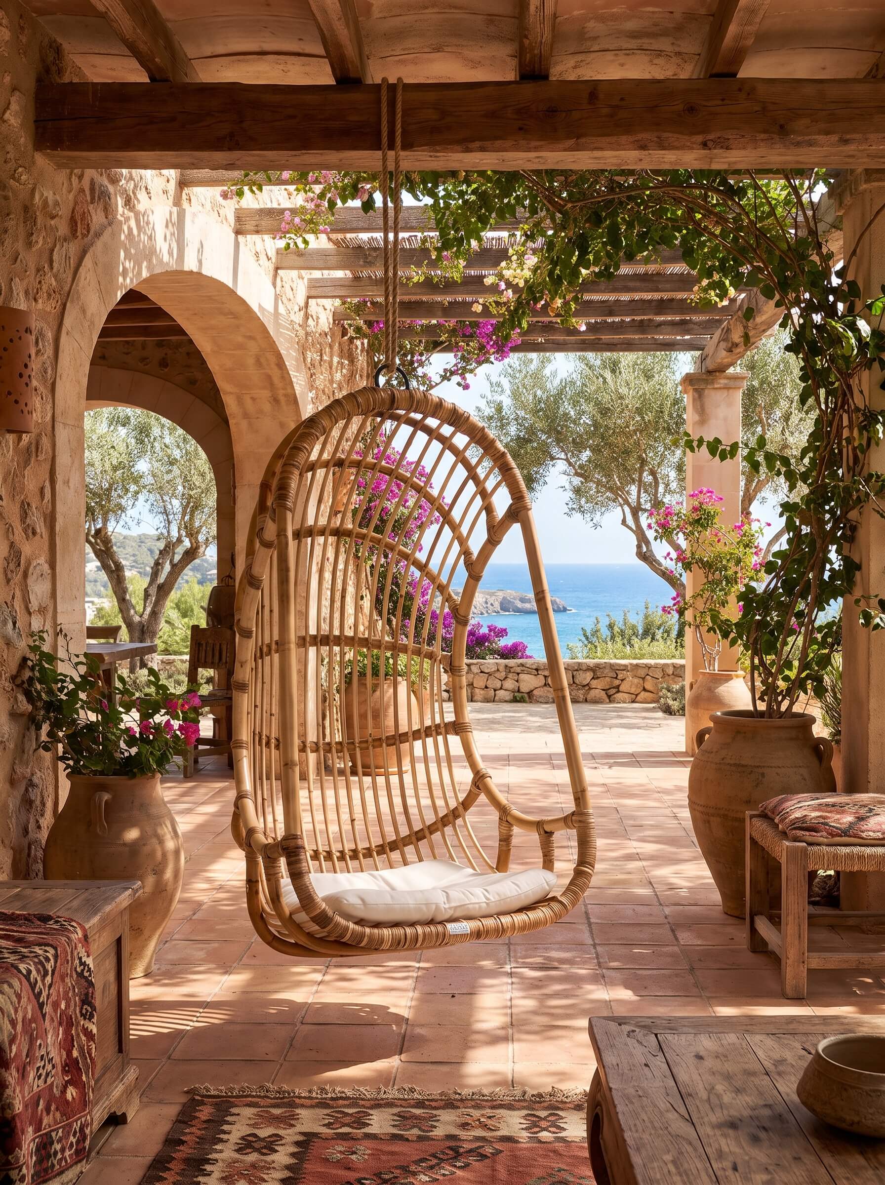 Handwoven rattan hanging chair with natural woven texture