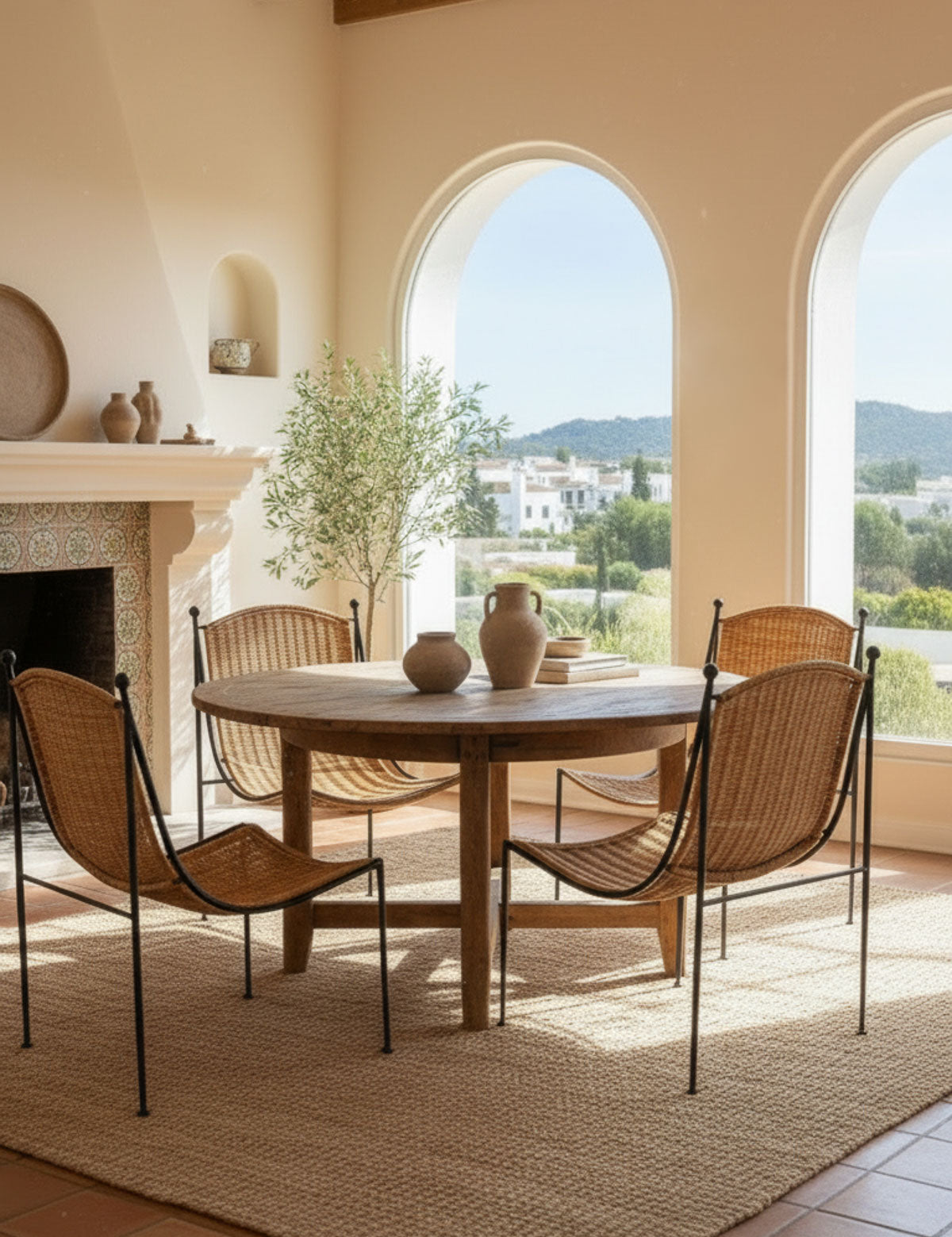 Close-up of woven rattan seat on dining chair
