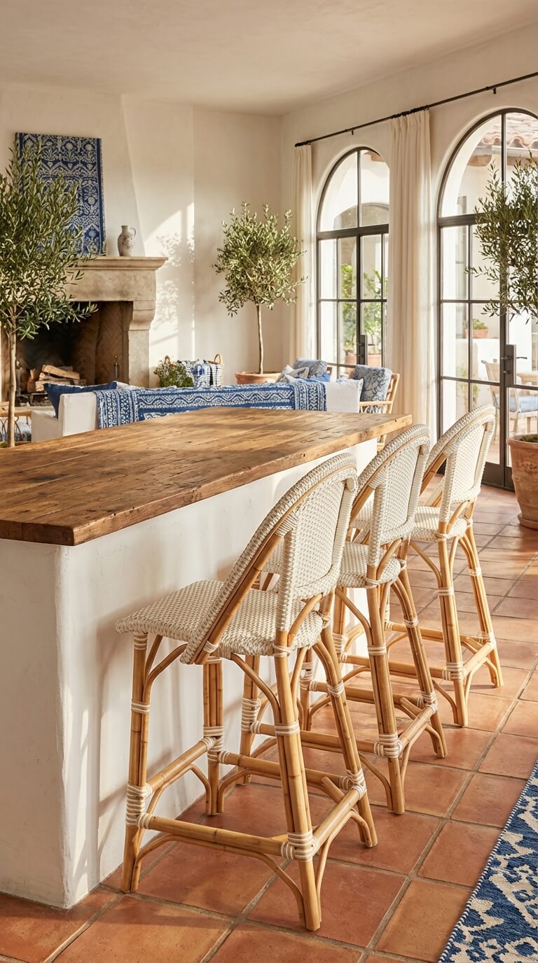 Kitchen with wooden bar counter and wicker chairs, large windows allowing natural light.