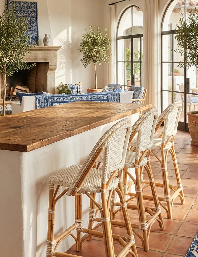 Kitchen with wooden bar counter and wicker chairs, large windows allowing natural light.