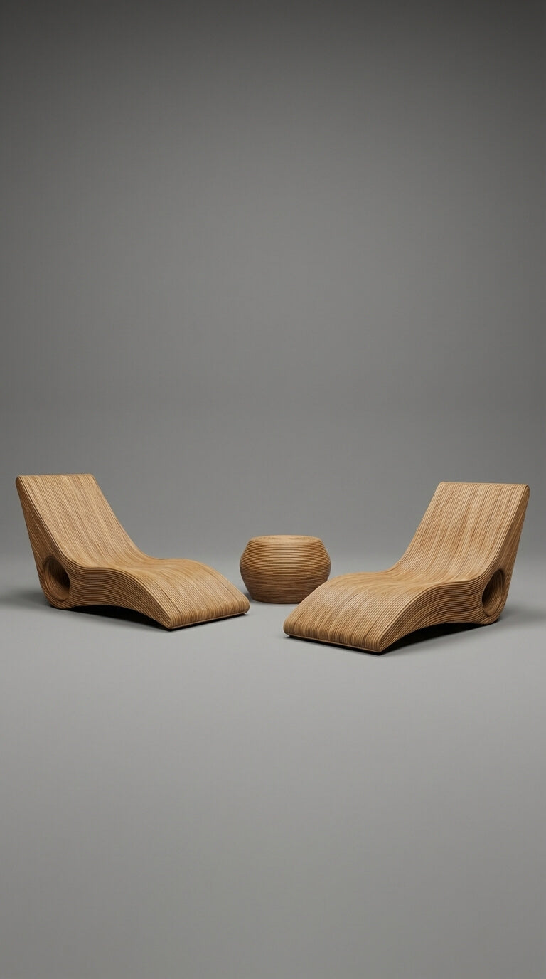 Two wooden lounge chairs and a bowl on a gray background