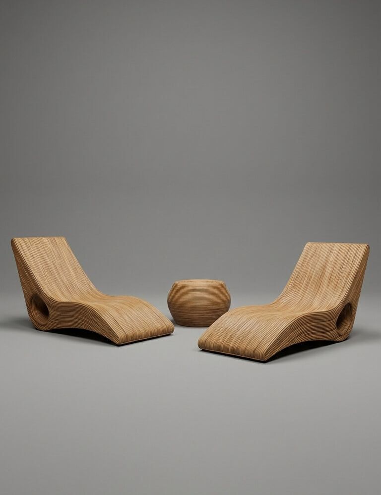 Two wooden lounge chairs and a bowl on a gray background