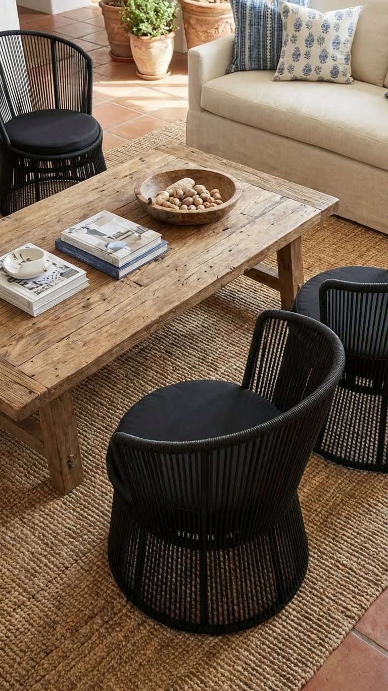Living room with wooden coffee table, black chairs, and beige sofa.