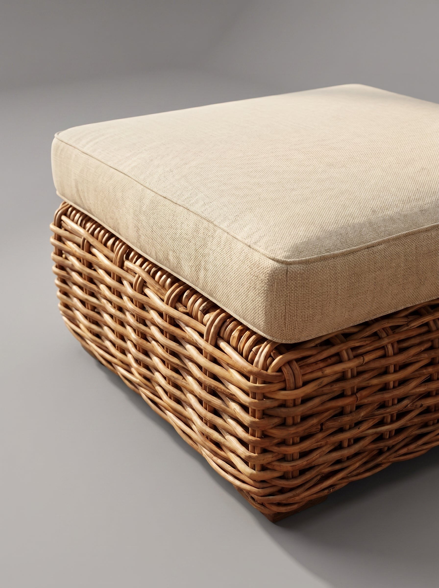 Close-up of handmade rattan pattern on chair
Sculptural rattan lounge seating in living room