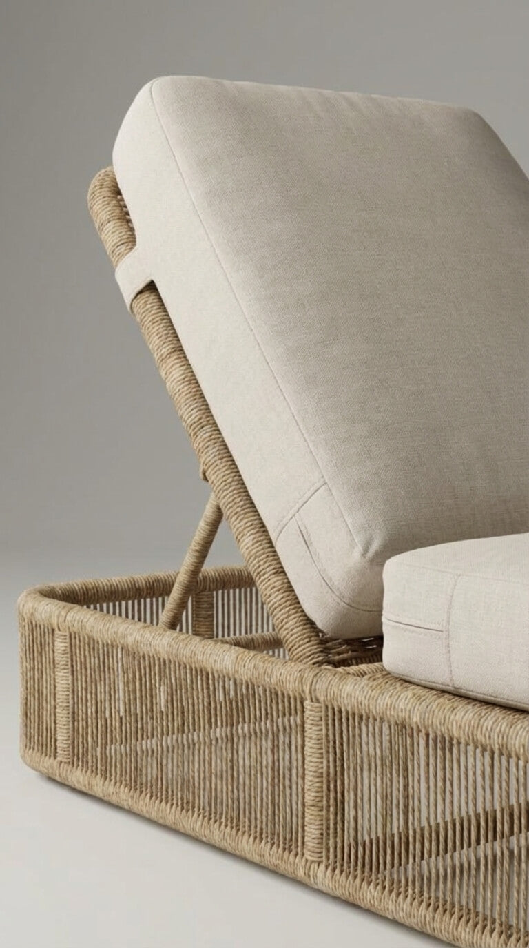 Wicker chair with beige cushion on a neutral background