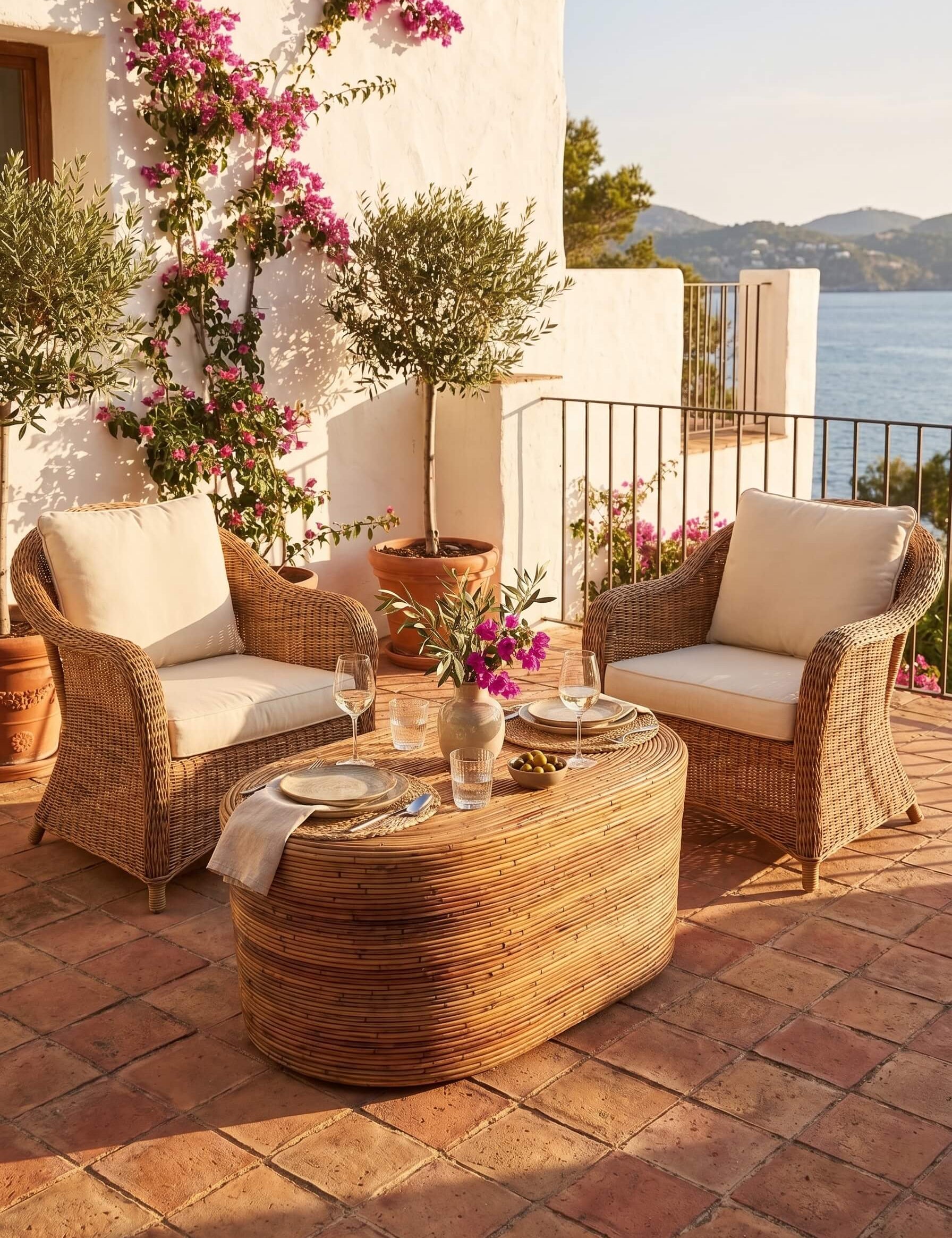 Rattan coffee table with organic curved silhouette
