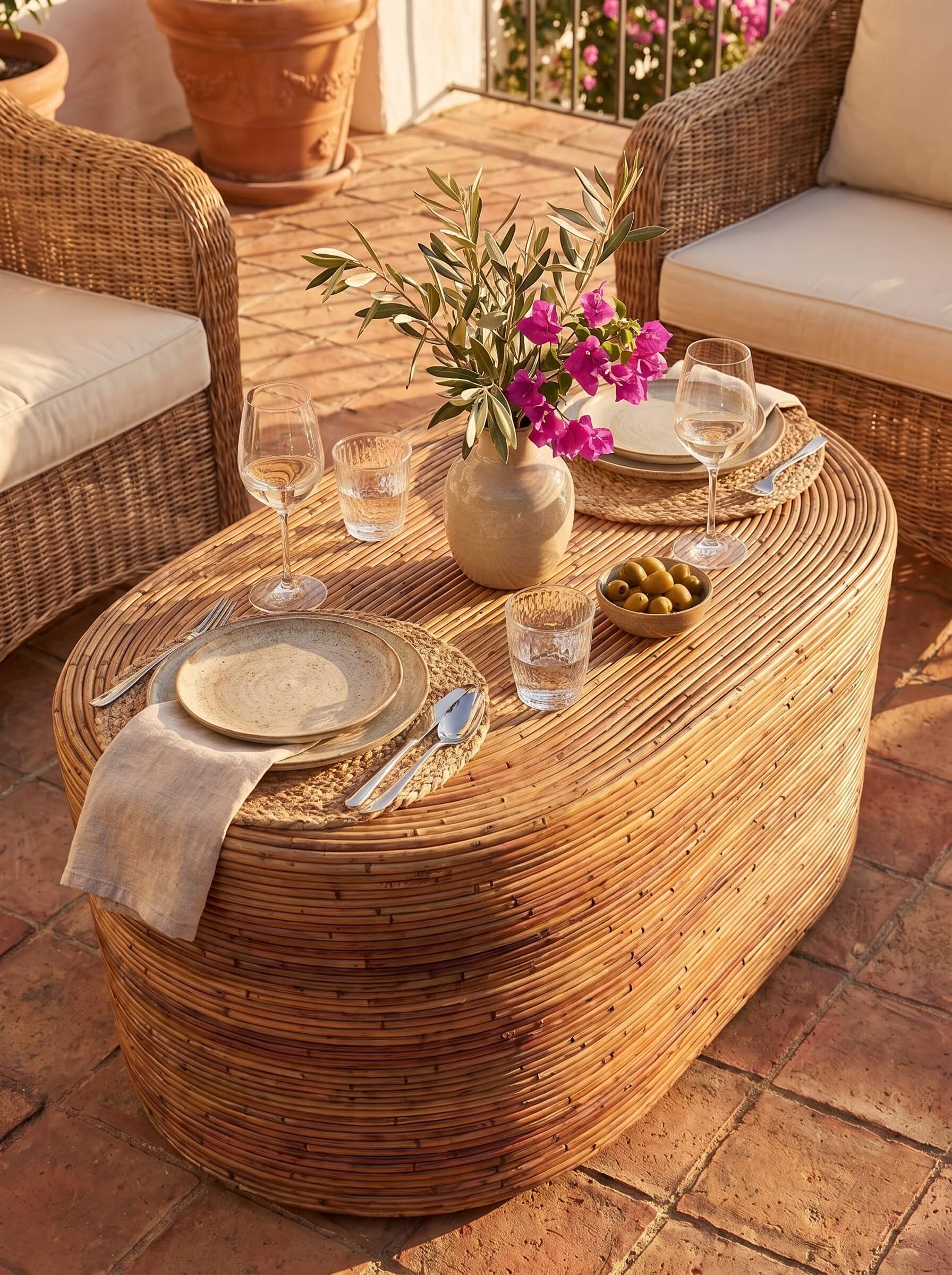 Rattan coffee table with organic curved silhouette
Natural rattan coffee table in coastal style interior