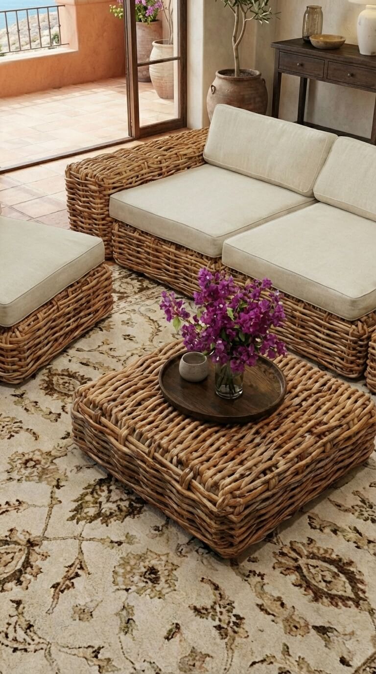Modern living room with rattan furniture, a fireplace, and large windows overlooking a scenic view.
