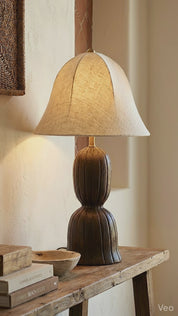 Sculptural Wood Table Lamp with Linen Shade Rustic Accent Lighting