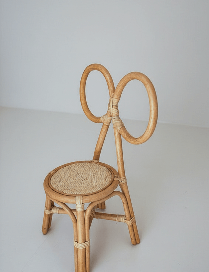 Designer rattan accent kid chair with sculptural lines
