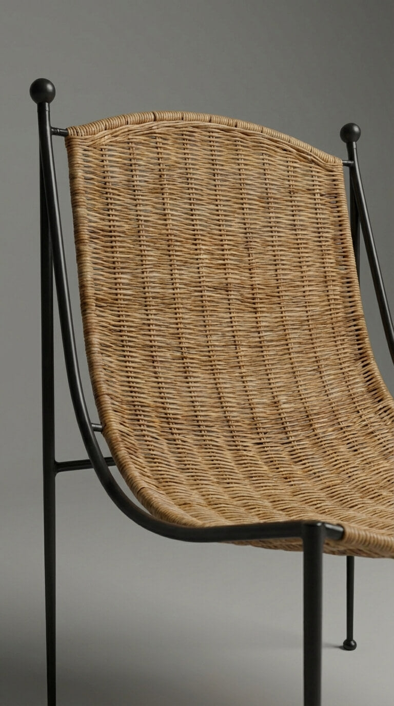 Chair with wicker backrest and black metal frame on a gray background