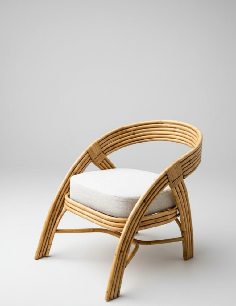 Wicker chair with a white cushion on a light gray background