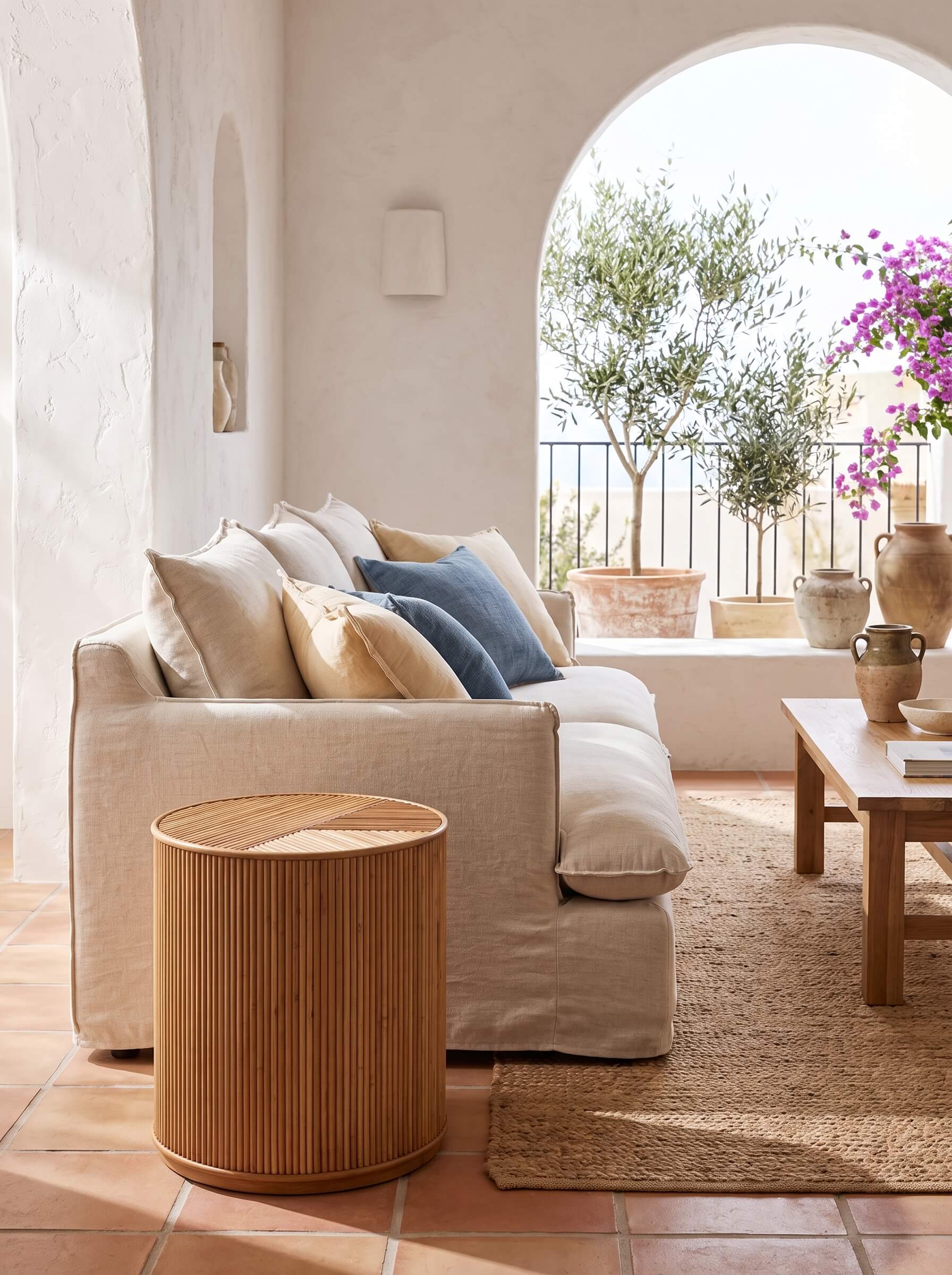 Handwoven rattan accent table with modern shape