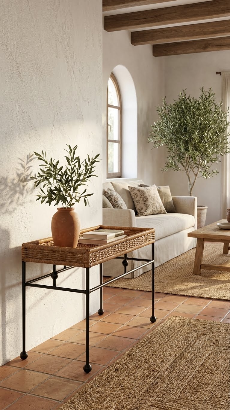 Handcrafted rattan coffee table with woven texture , iron legs
