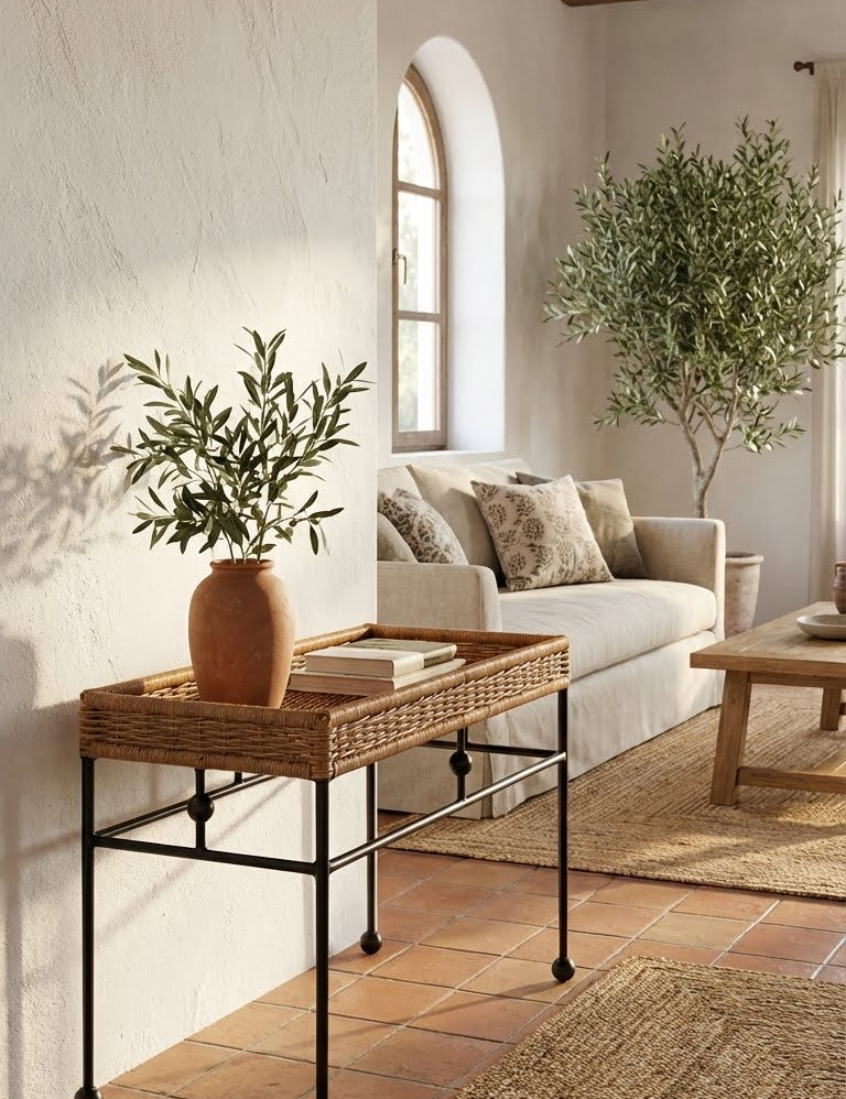 Handcrafted rattan coffee table with woven texture , iron legs
