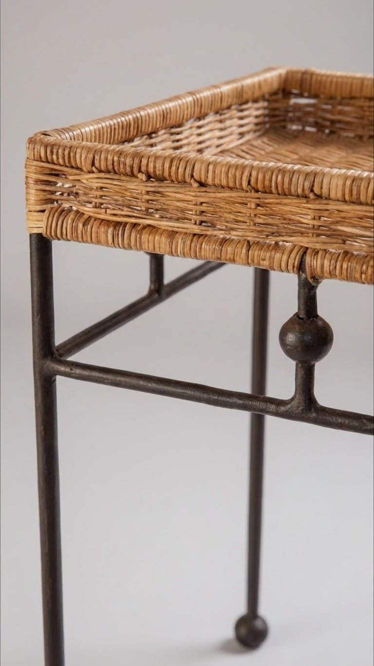 Wicker tray on a metal stand with a neutral background