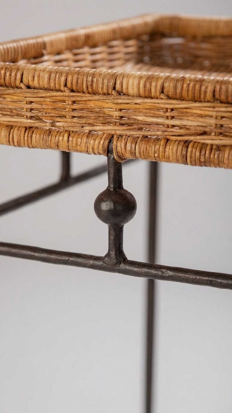 Wicker basket on a metal stand with a plain background