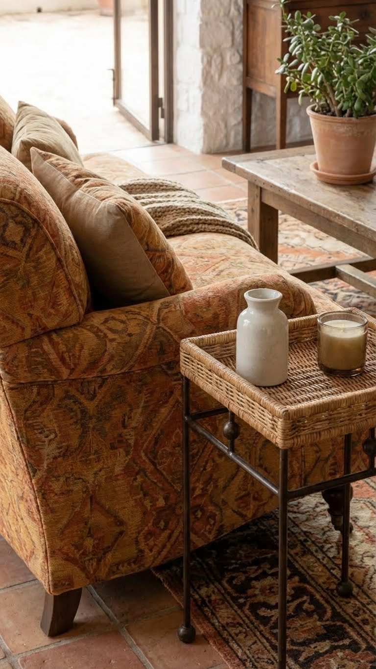 Cozy living room with patterned sofa, side table, and potted plant.