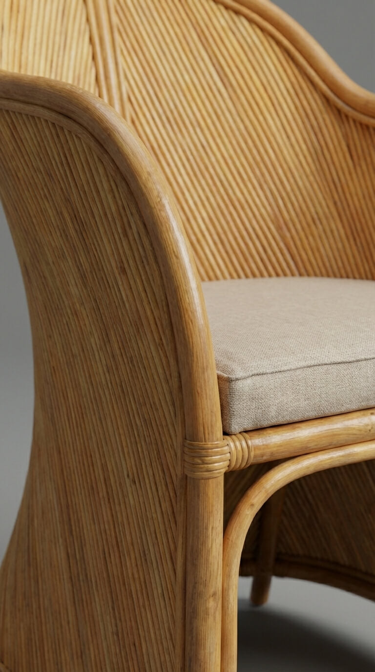 Close-up of a wicker chair with a cushion on a neutral background
