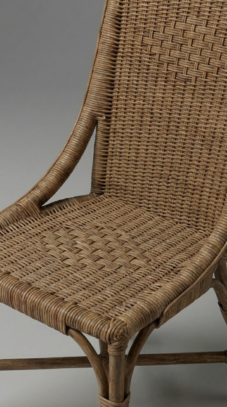 Close-up of a wicker chair with a neutral background