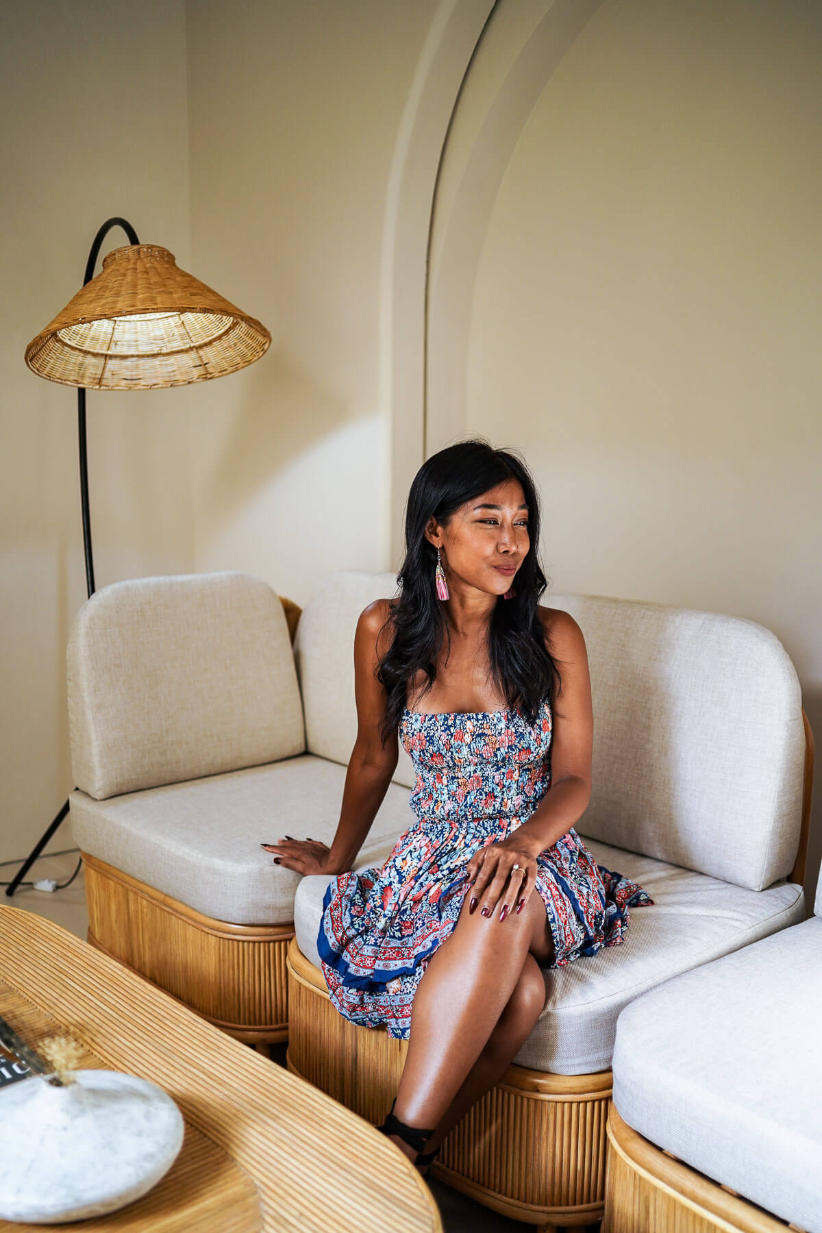 rattan bedside floor lamp with natural woven texture
