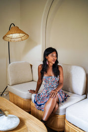 rattan bedside floor lamp with natural woven texture
