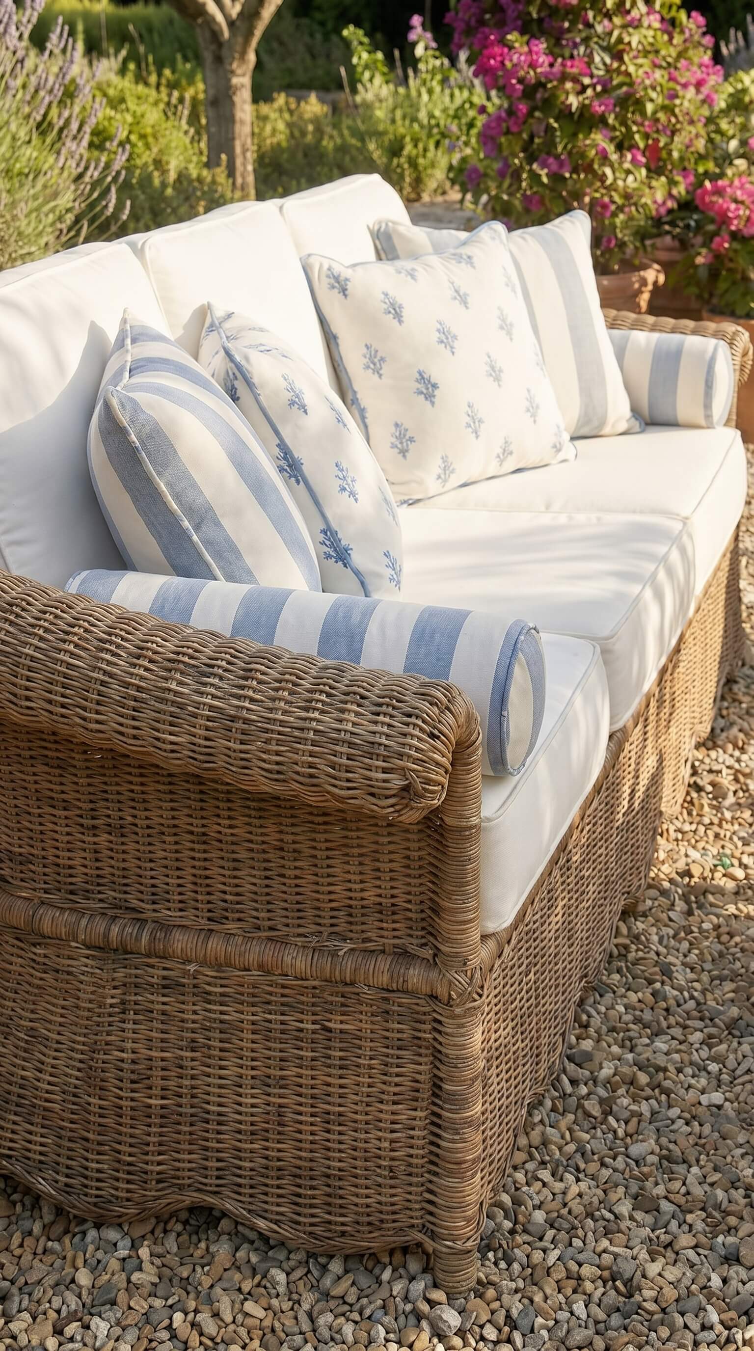 Wicker outdoor sofa with white cushions and blue striped pillows in a garden setting.