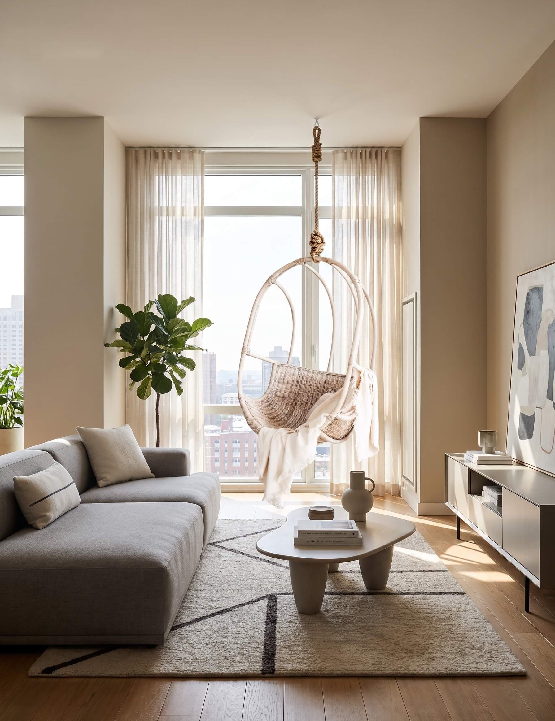 Sculptural rattan hanging chair with rounded base