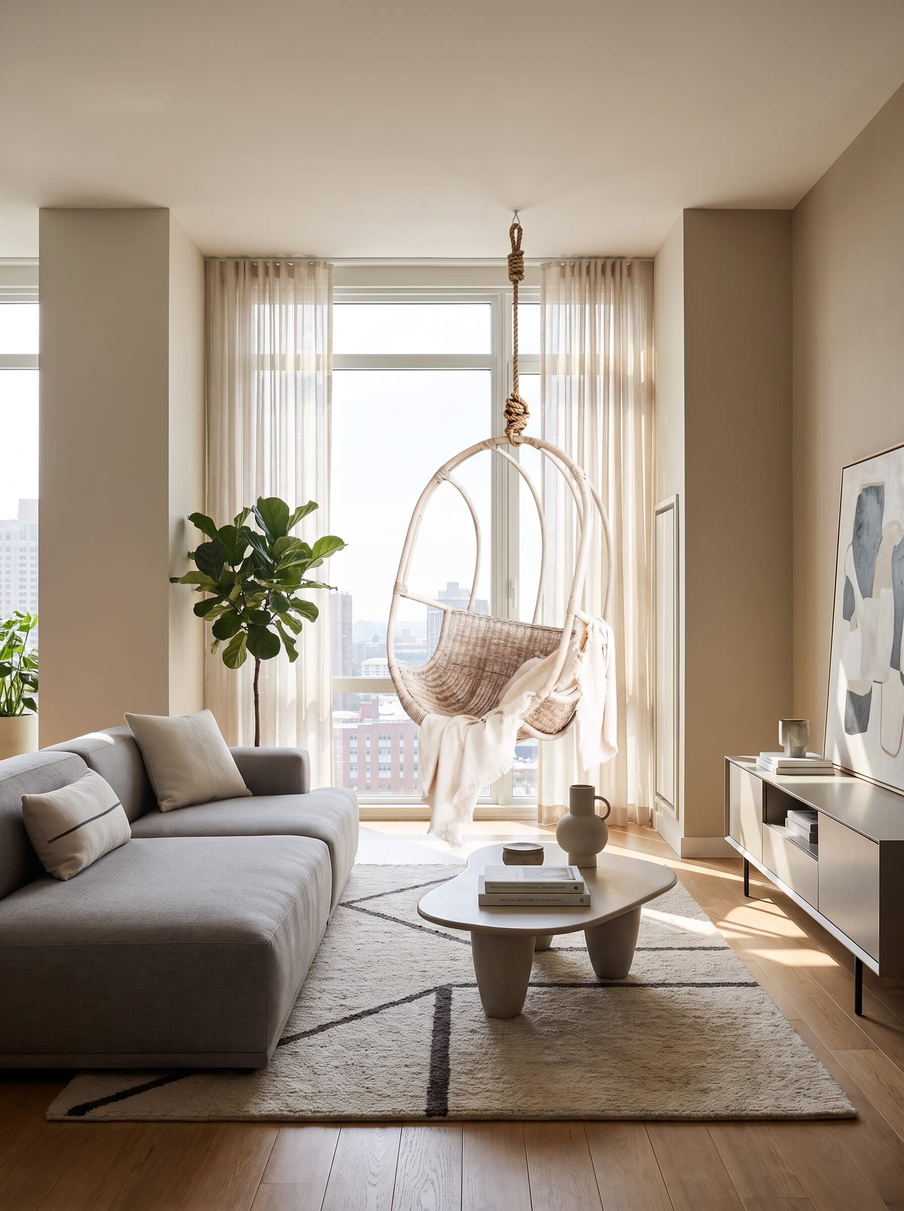 Sculptural rattan hanging chair with rounded base