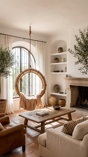 Cozy living room with wooden coffee table, armchair, and shelves with decorative items.