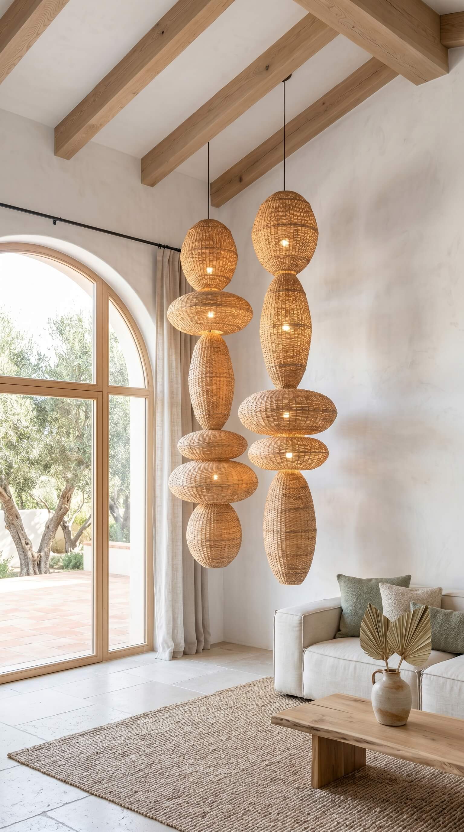 Modern living room with hanging wicker lampshades, white sofa, and large window.
