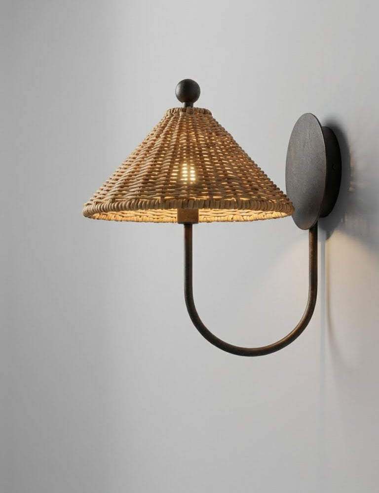 handwoven rattan wall lamp with natural woven shade
