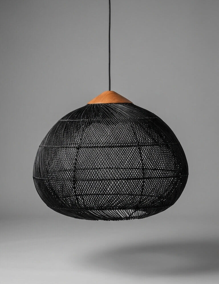 Black woven pendant light with wooden base
