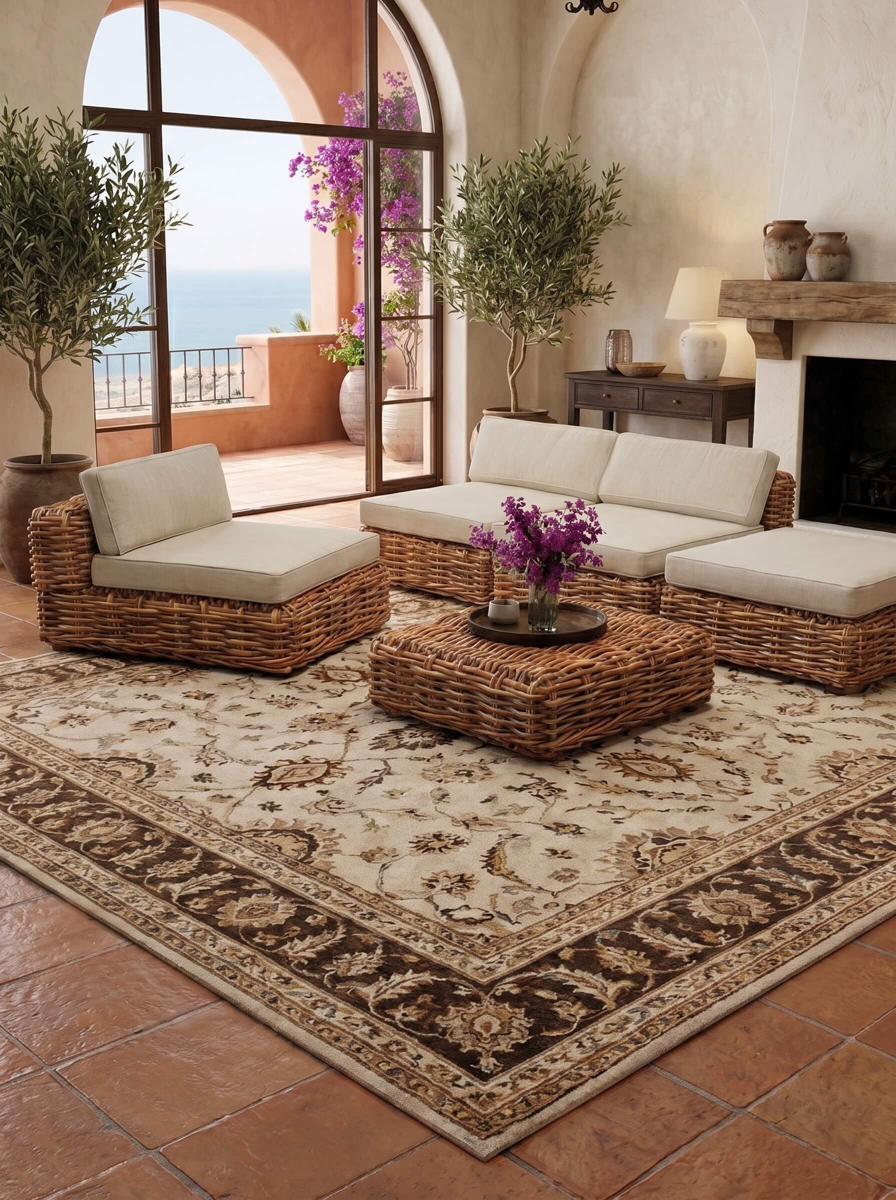 Curved rattan chair with natural weave