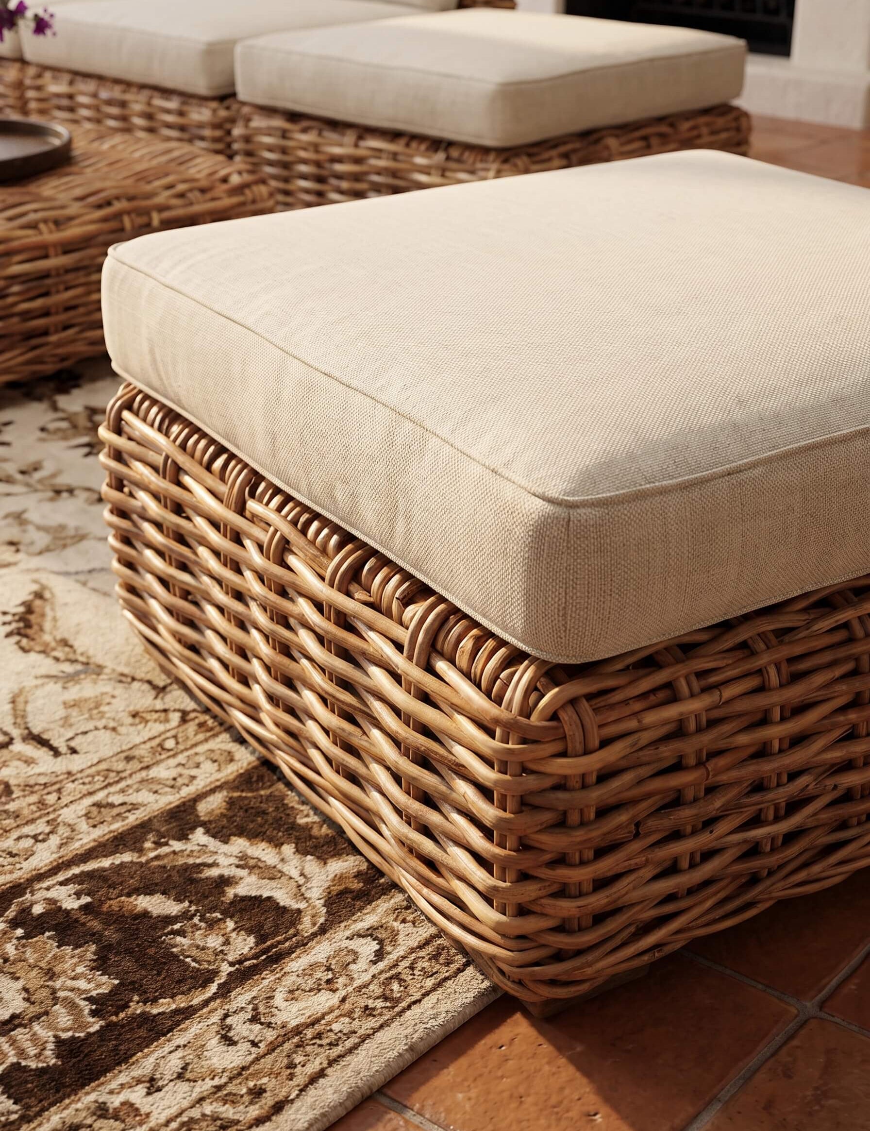 Close-up of woven rattan pattern on chair
Sculptural rattan lounge seating in living room